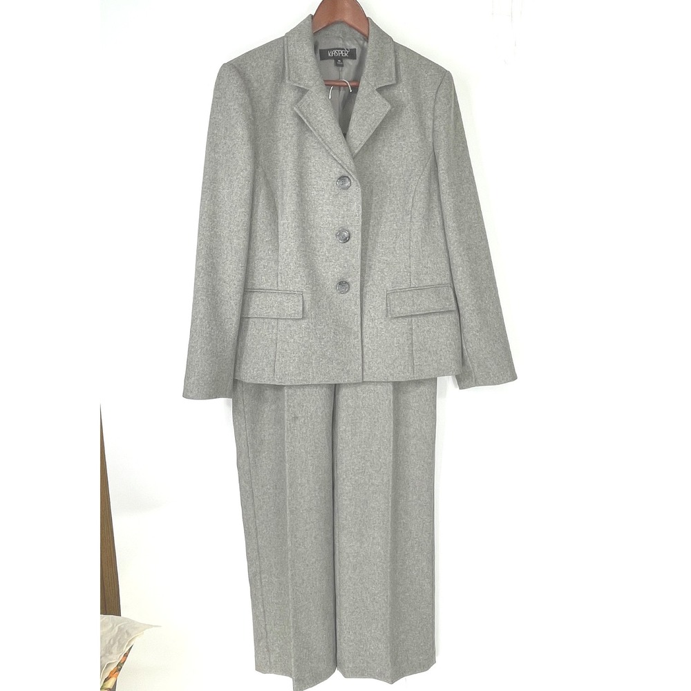 Kasper Womens 2 Piece Pant Suit 16 Career Grey Heathered Blazer Trousers
